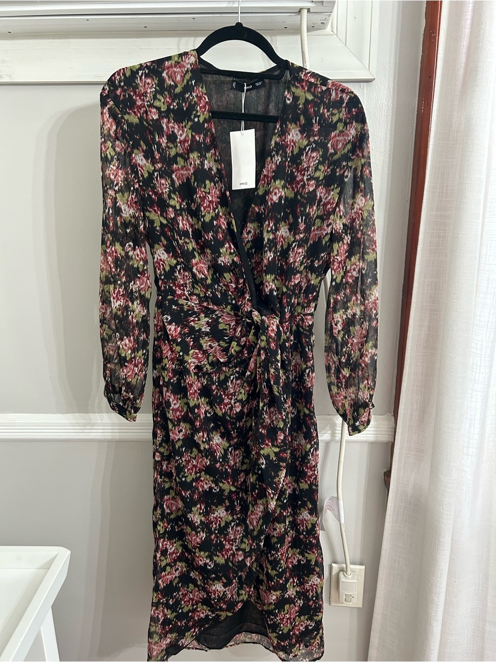 Mango Black Floral Tie-Waist Midi Dress